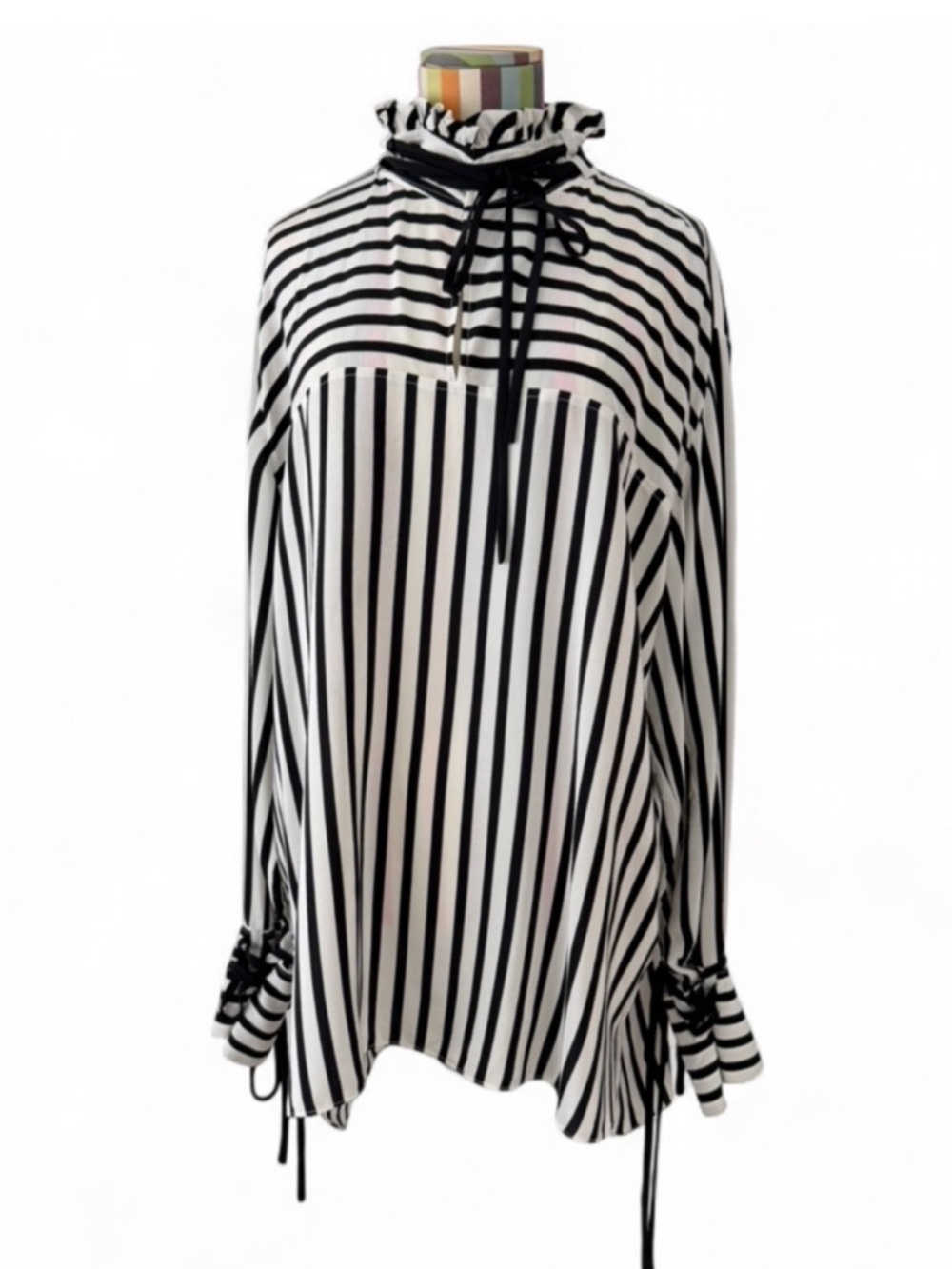 Derek Lam New York 100% Silk Black & White Striped Oversized Tunic Blouse Ties